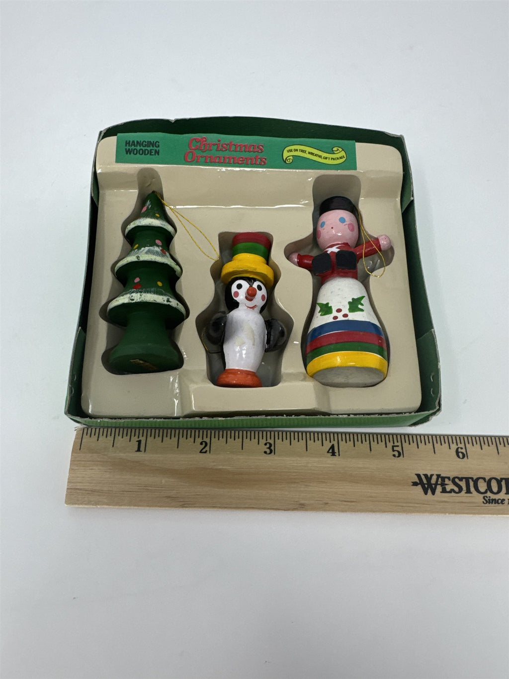 Vintage Wooden Christmas Ornaments Set of 3 Tree Penguin Doll Hand Painted Kitsc
