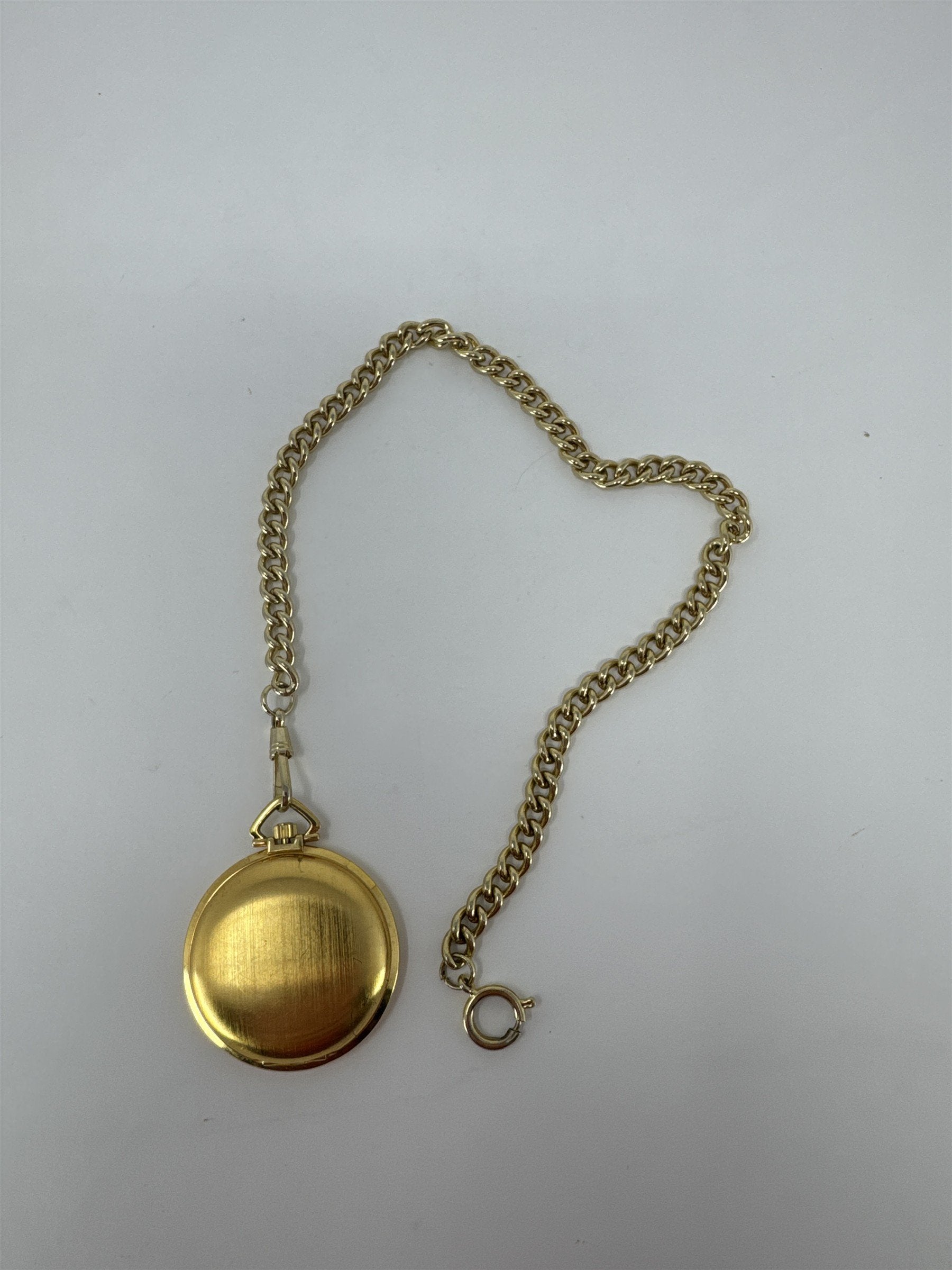 Vintage Arnex Pocket Watch Gold Tone Hunter Case Day Date Quartz With 14" Chain
