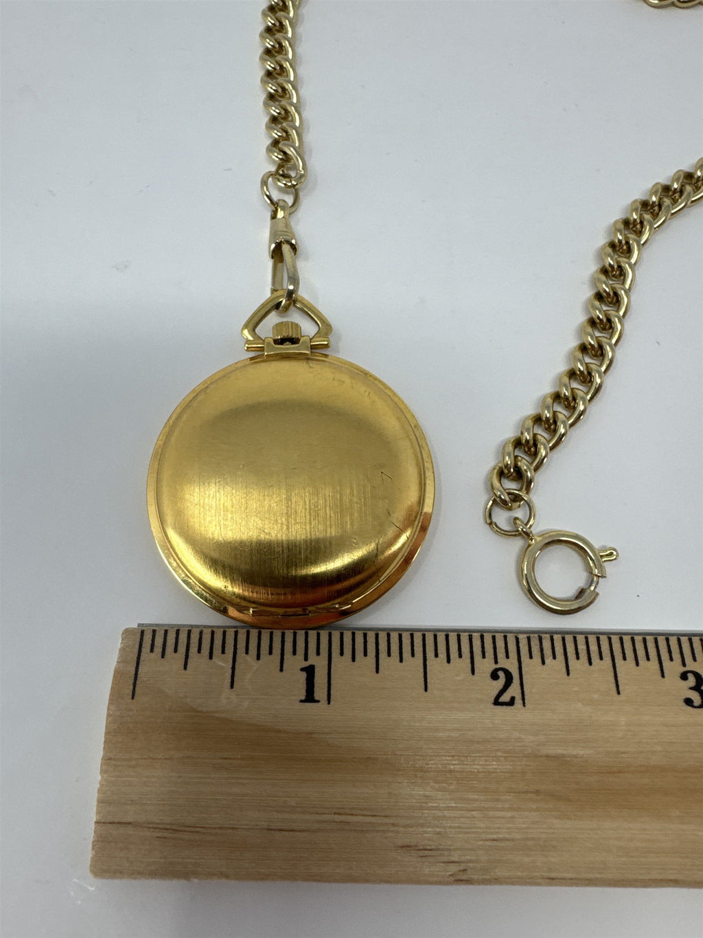 Vintage Arnex Pocket Watch Gold Tone Hunter Case Day Date Quartz With 14" Chain