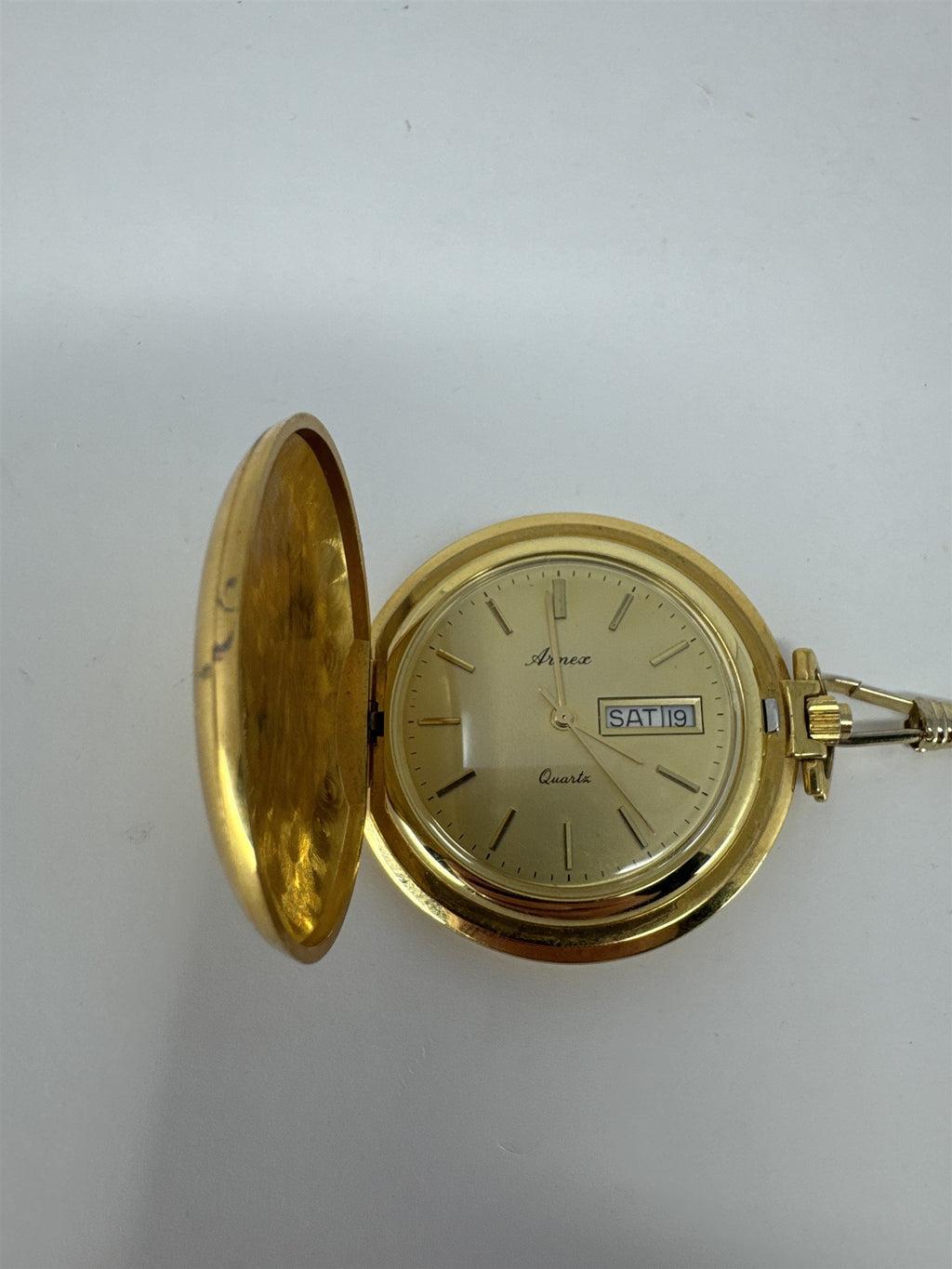 Vintage Arnex Pocket Watch Gold Tone Hunter Case Day Date Quartz With 14" Chain
