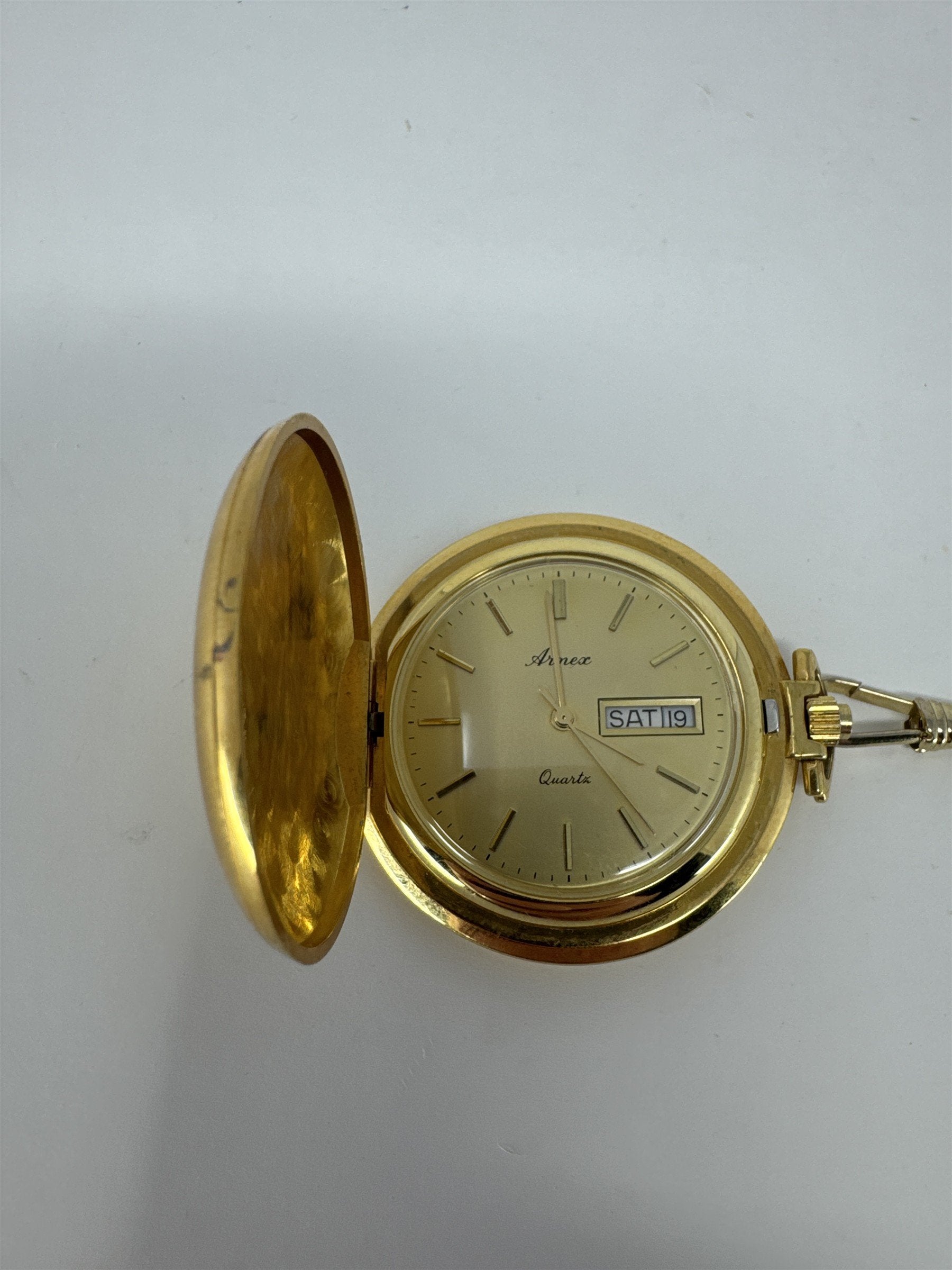 Vintage Arnex Pocket Watch Gold Tone Hunter Case Day Date Quartz With 14" Chain