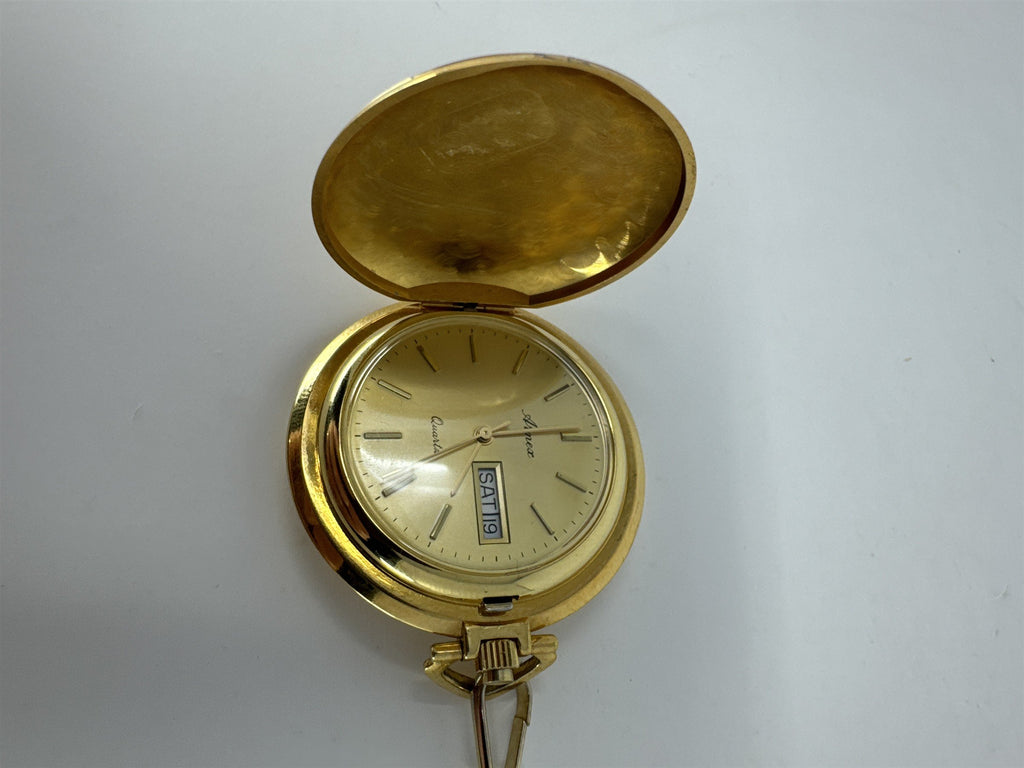 Vintage Arnex Pocket Watch Gold Tone Hunter Case Day Date Quartz With 14" Chain