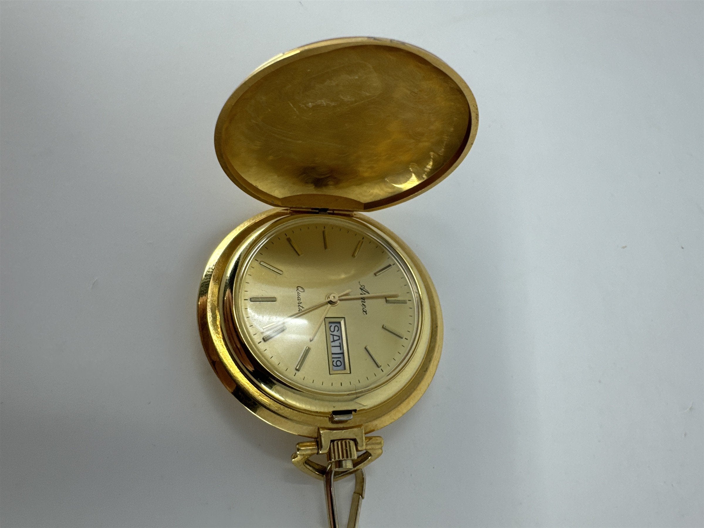 Vintage Arnex Pocket Watch Gold Tone Hunter Case Day Date Quartz With 14" Chain