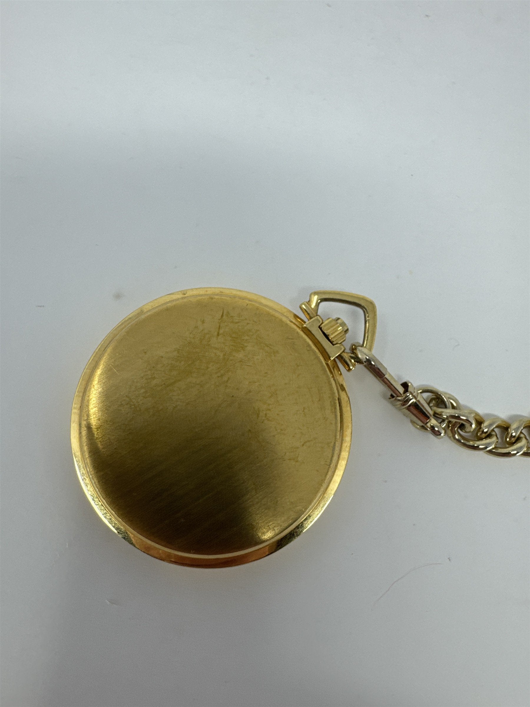 Vintage Arnex Pocket Watch Gold Tone Hunter Case Day Date Quartz With 14" Chain