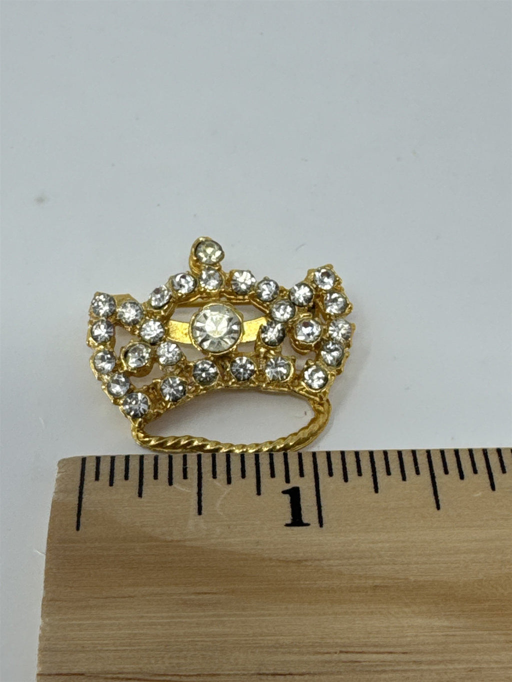 Vintage Gold Tone Crown Brooch Clear Rhinestone Princess Tiara Pin Royal Jewelry