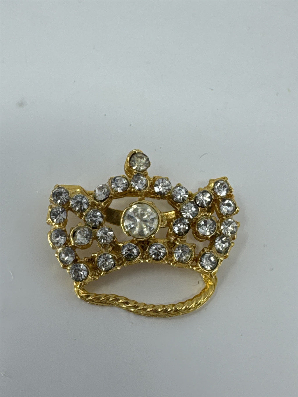 Vintage Gold Tone Crown Brooch Clear Rhinestone Princess Tiara Pin Royal Jewelry