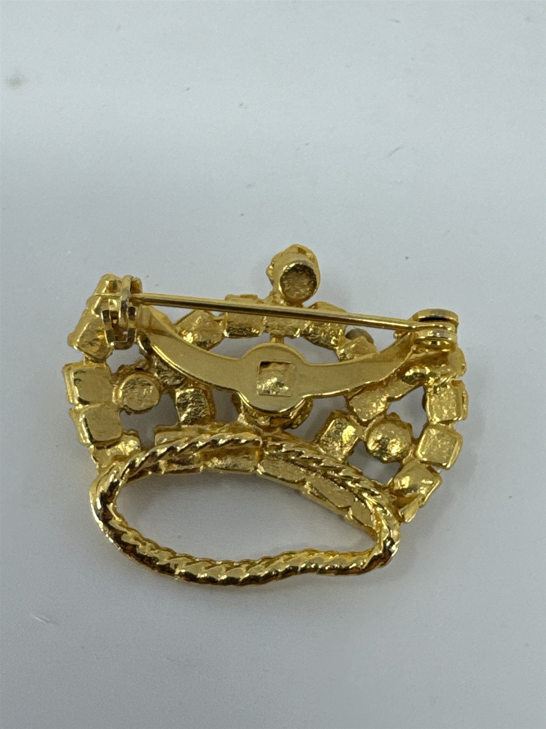 Vintage Gold Tone Crown Brooch Clear Rhinestone Princess Tiara Pin Royal Jewelry