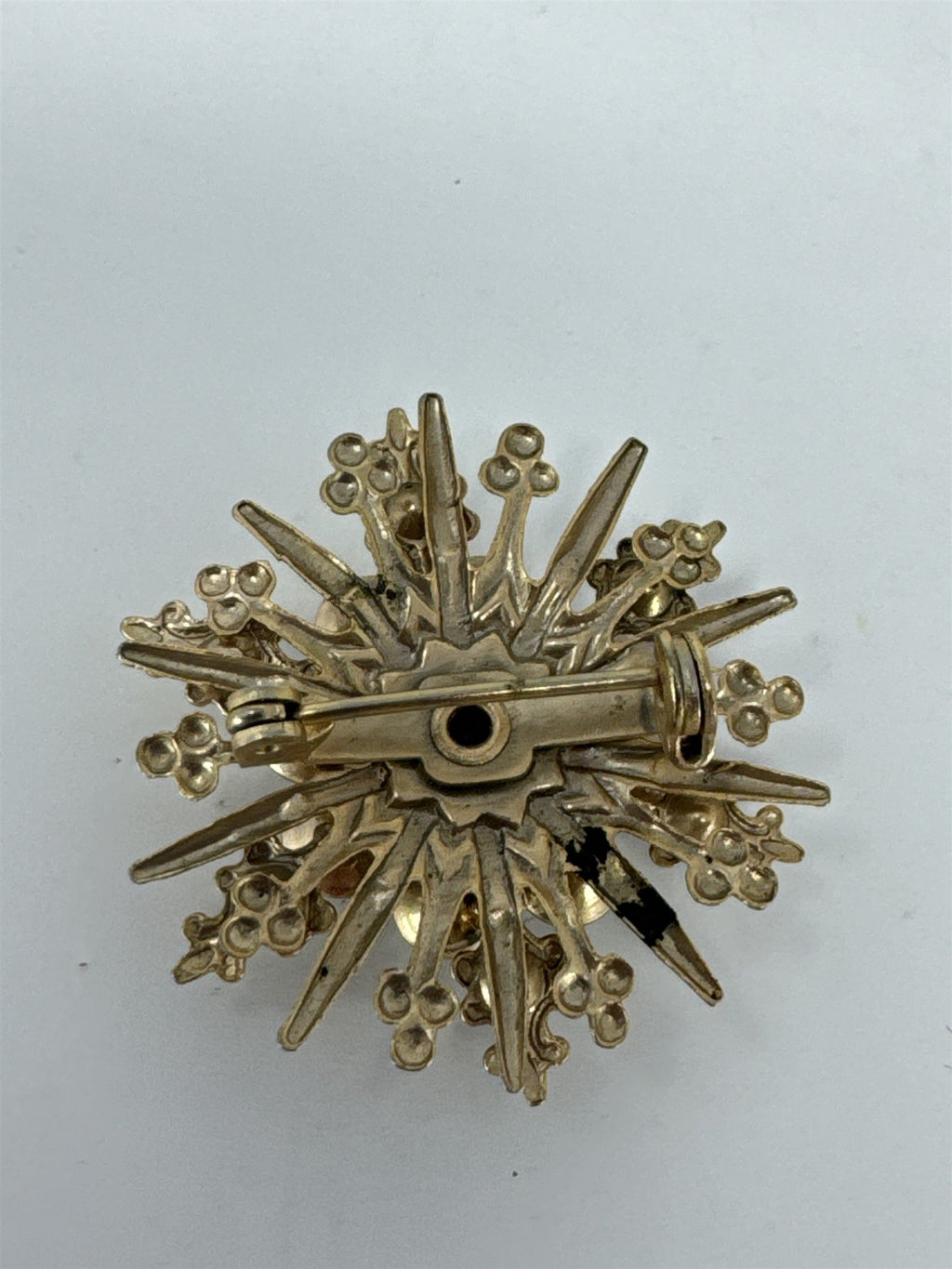 Vintage Snowflake Brooch Blue White Rhinestone Sunburst Pin Gold Tone