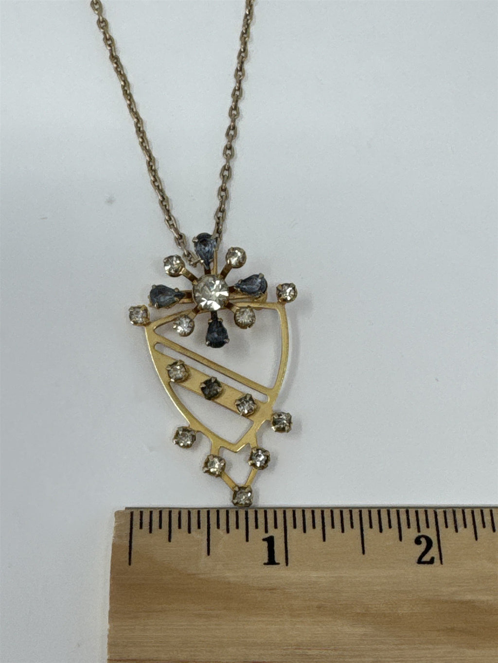 Gold Tone Light Blue Rhinestone Snowflake Starburst Crest Pin Pendant Necklace