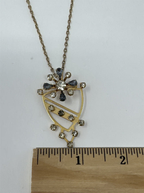 Gold Tone Light Blue Rhinestone Snowflake Starburst Crest Pin Pendant Necklace