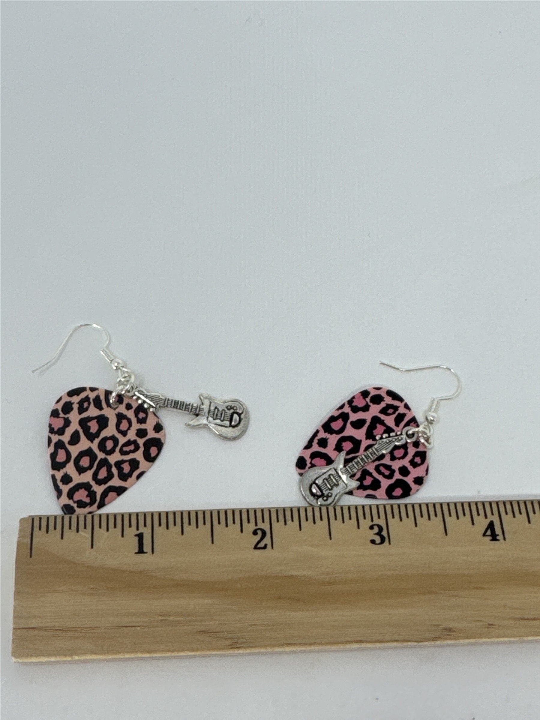Pink Cheetah Print Guitar Pick Earrings Electric Guitar Charms Rockabilly