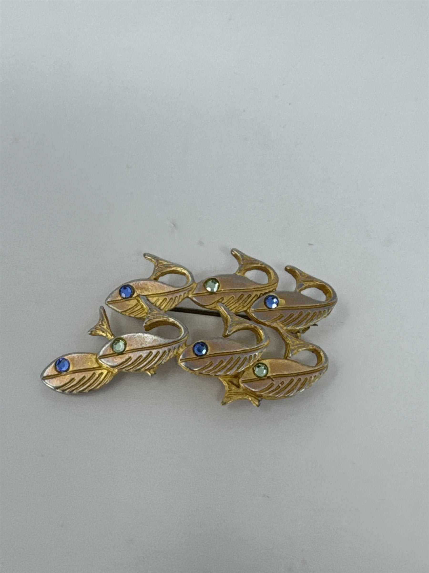 Vintage Newpro Fish Brooch Gold Tone School of Fish Blue Green Rhinestone