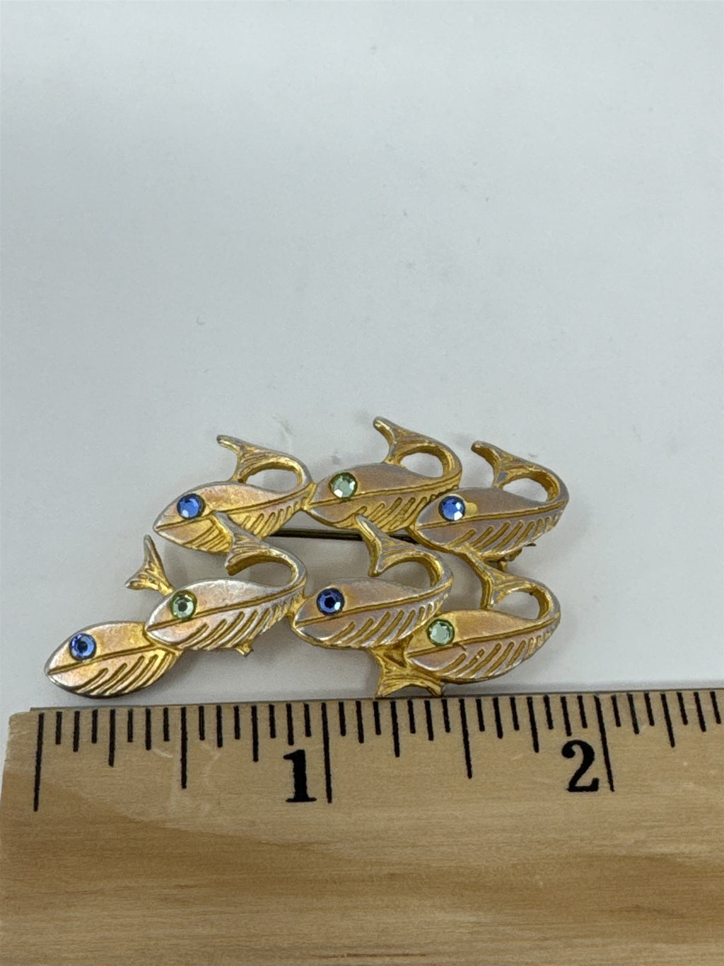Vintage Newpro Fish Brooch Gold Tone School of Fish Blue Green Rhinestone