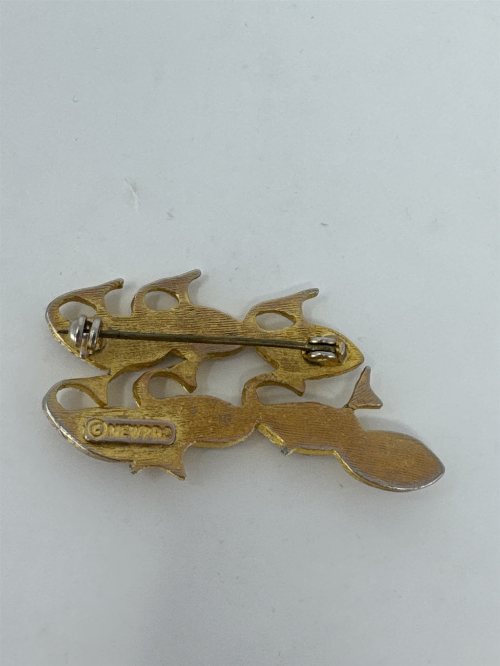Vintage Newpro Fish Brooch Gold Tone School of Fish Blue Green Rhinestone