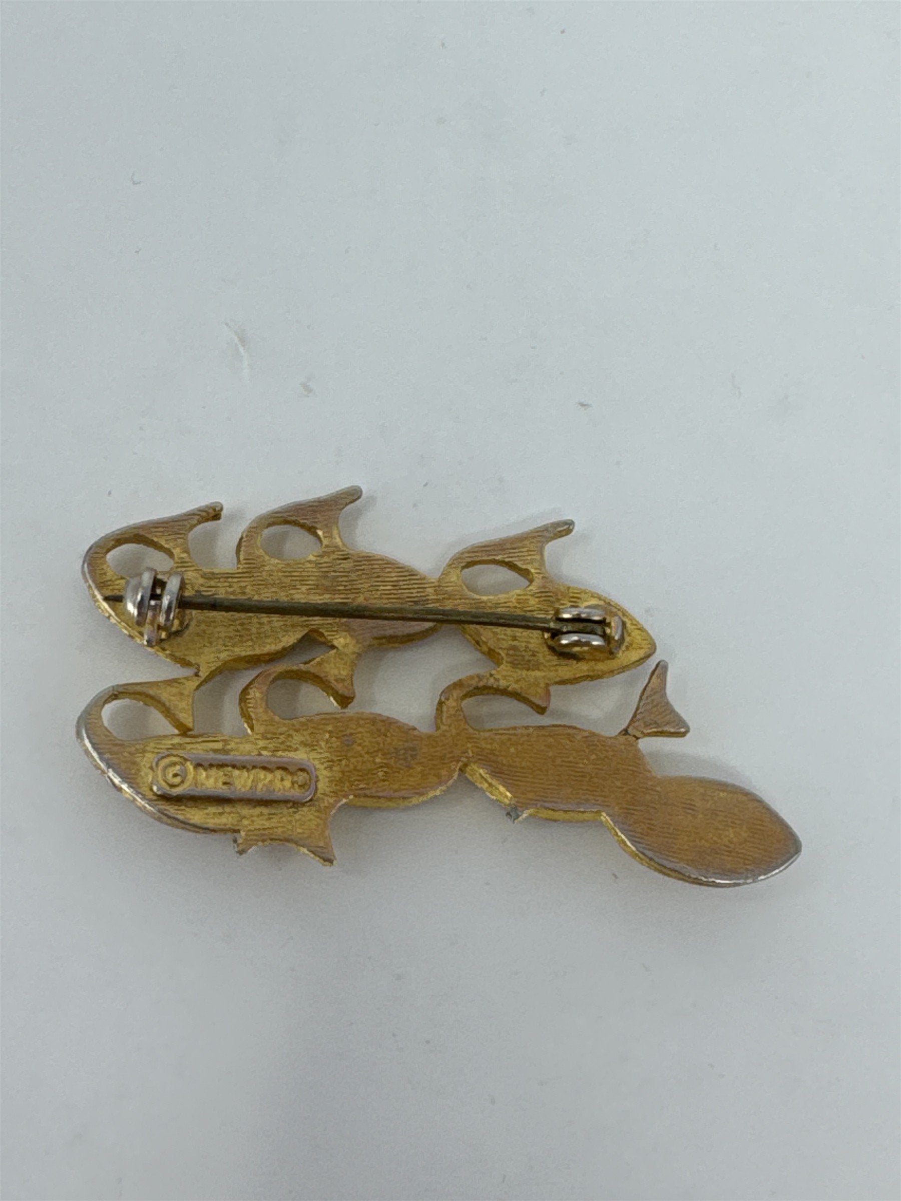 Vintage Newpro Fish Brooch Gold Tone School of Fish Blue Green Rhinestone