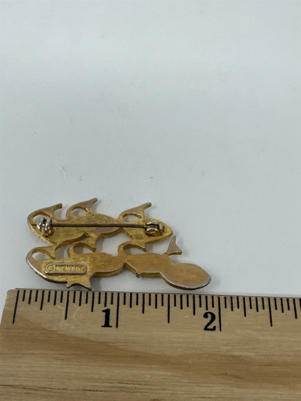 Vintage Newpro Fish Brooch Gold Tone School of Fish Blue Green Rhinestone