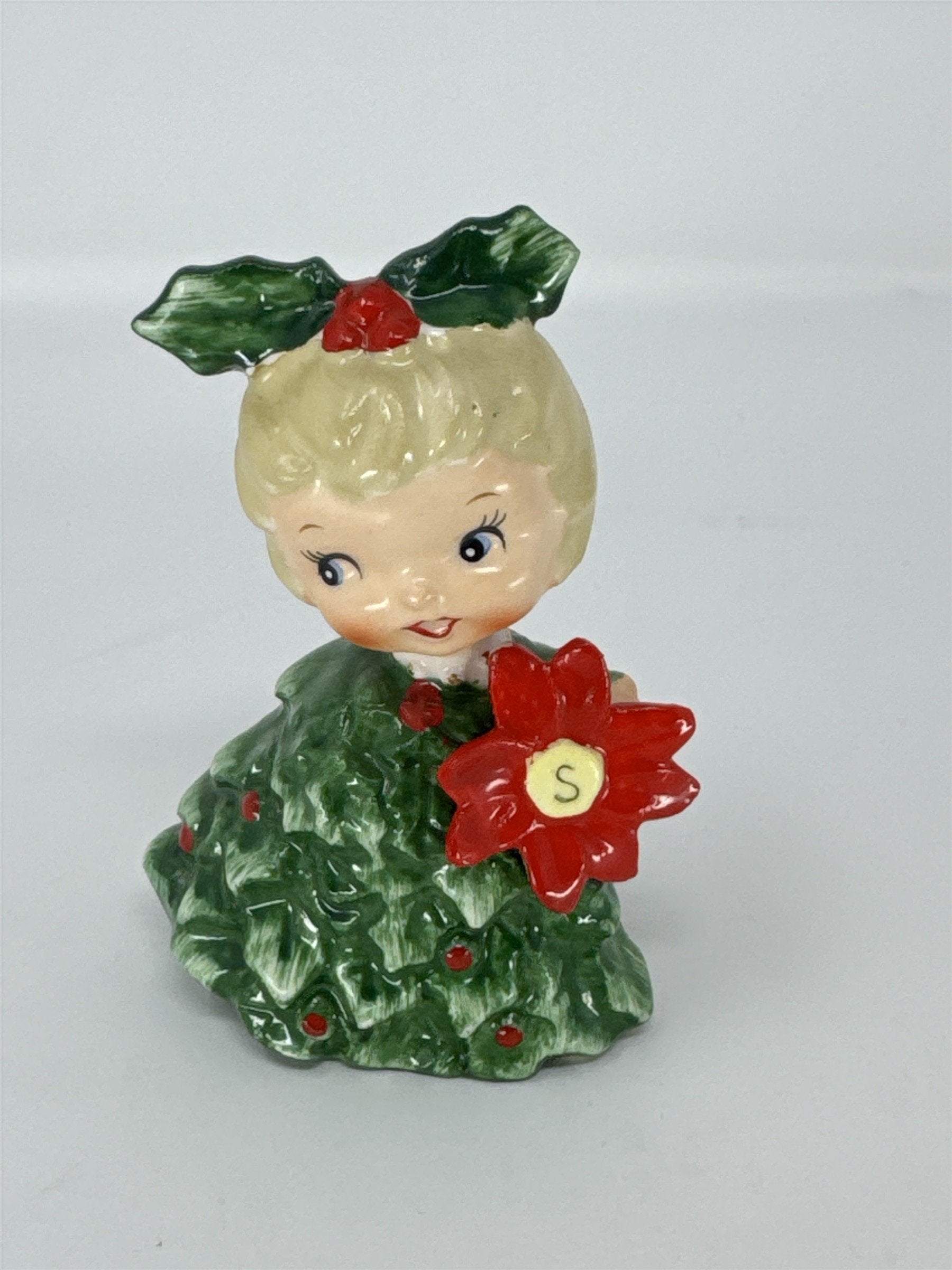 Vintage HH Japan Christmas Tree Girl Salt Shaker Figurine Poinsettia 6216