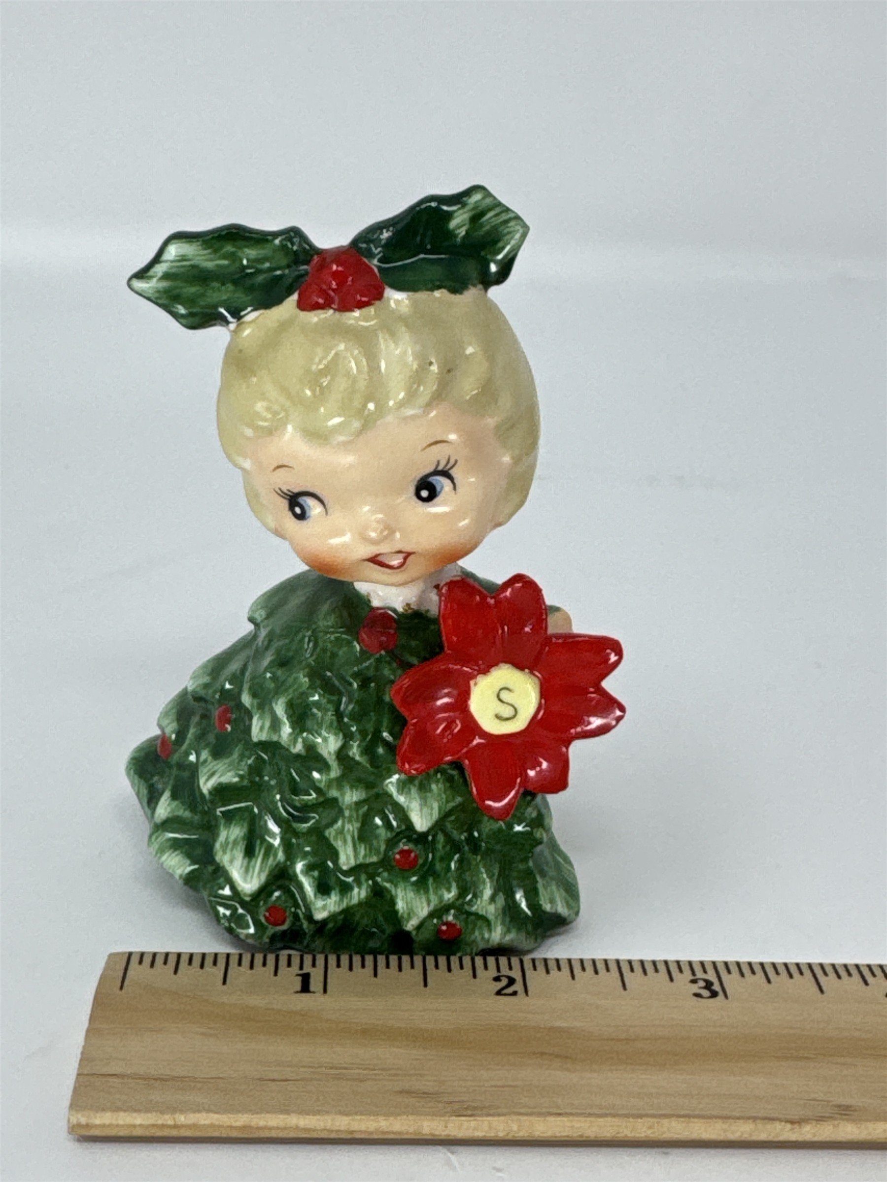 Vintage HH Japan Christmas Tree Girl Salt Shaker Figurine Poinsettia 6216