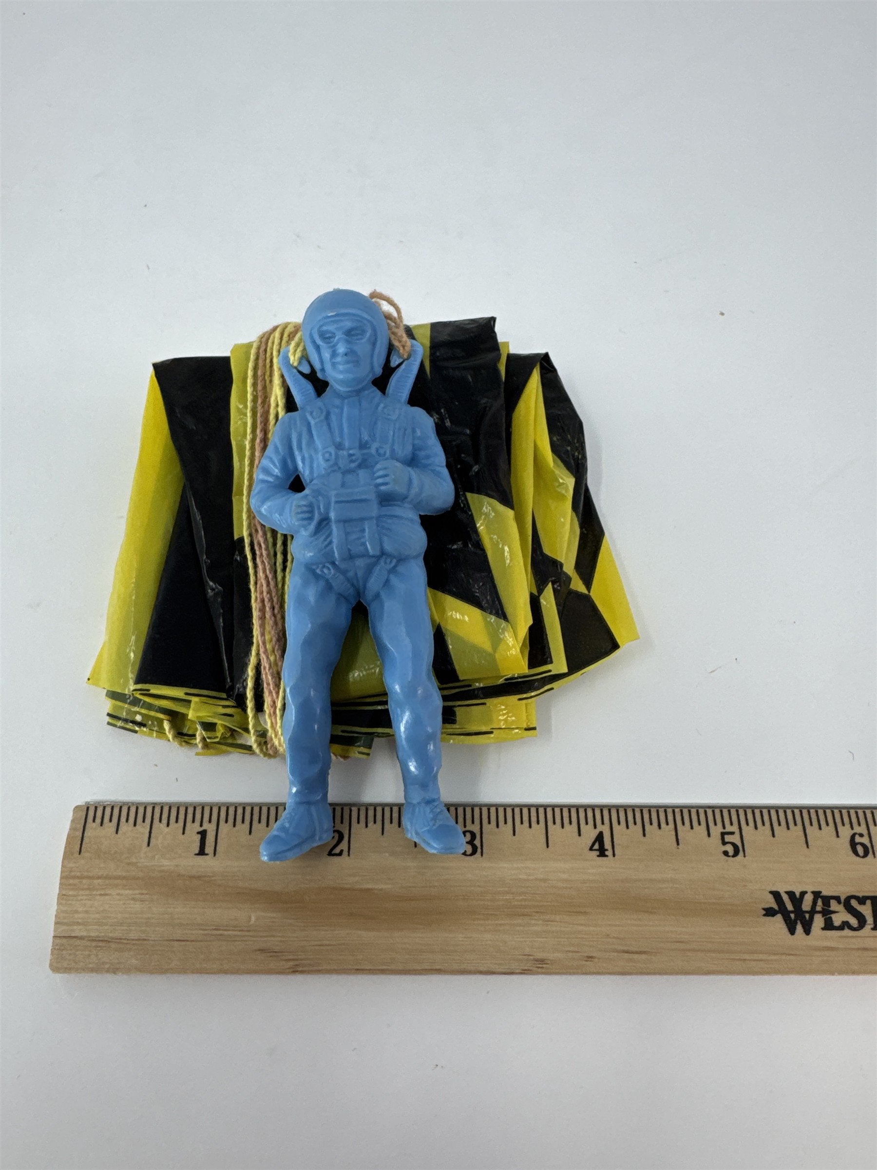 Vintage 1963 Ray Plastic Inc USA Paratrooper Toy Blue Figure With Parachute