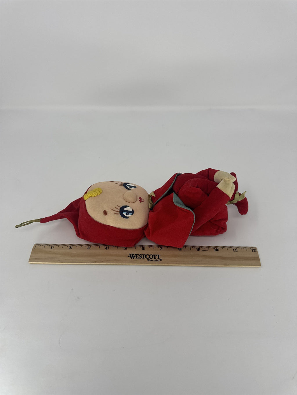 Vintage Christmas Knee Hugger Elf Plush Red Velvet MCM Kitsch Japan Ornament