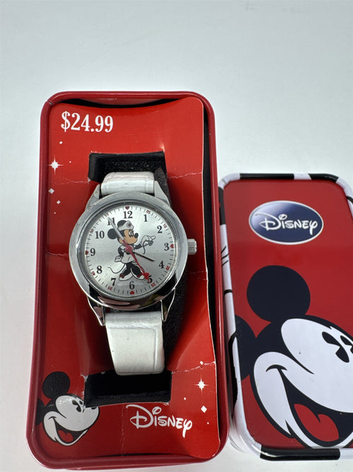 Disney Mickey Mouse Nurse Watch Silver Tone White Leather Watch /w Tin Case