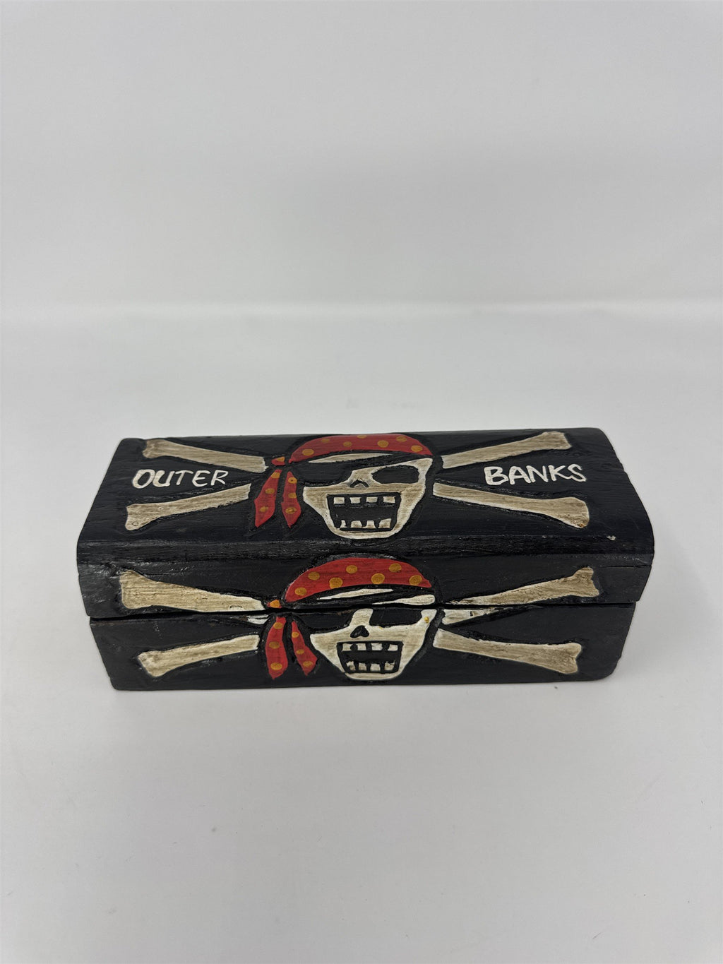 Outer Banks NC Wooden Trinket Box Handmade Pirate Skull Crossbones Souvenir