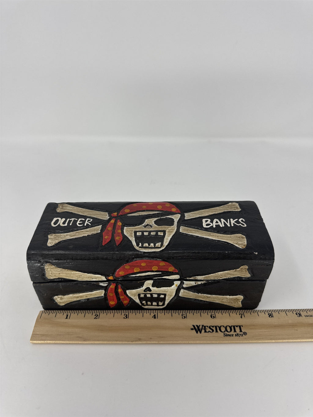 Outer Banks NC Wooden Trinket Box Handmade Pirate Skull Crossbones Souvenir