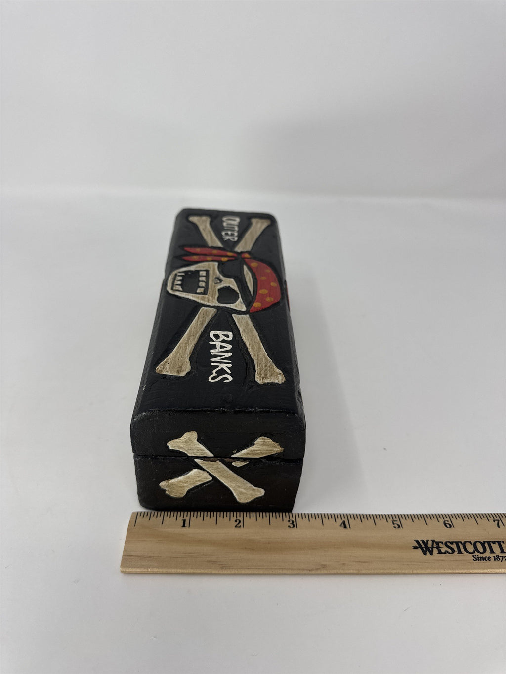 Outer Banks NC Wooden Trinket Box Handmade Pirate Skull Crossbones Souvenir