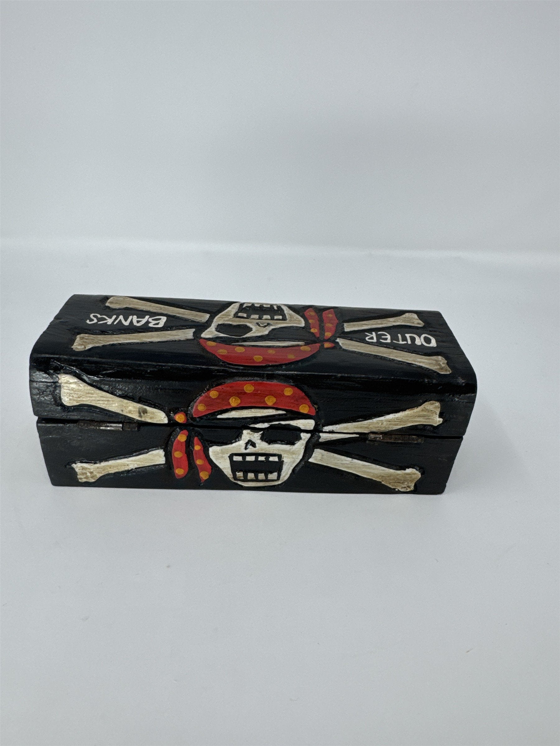 Outer Banks NC Wooden Trinket Box Handmade Pirate Skull Crossbones Souvenir