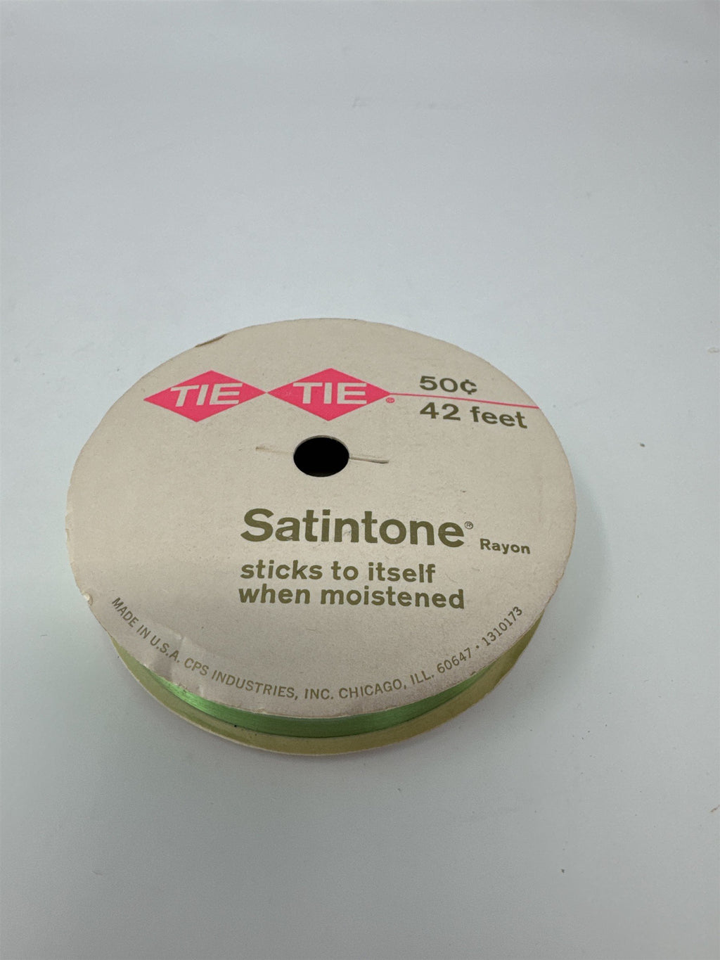 Vintage Tie Tie Satintone Rayon Ribbon Green 42 Feet Sticks to Itself MCM USA