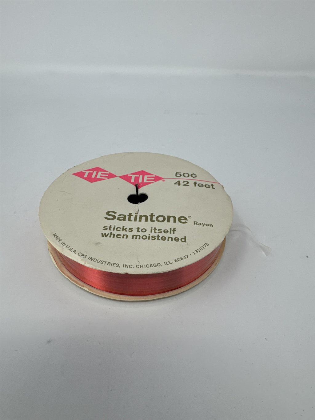 Vintage Tie Tie Satintone Rayon Ribbon Red 42 Feet Sticks to Itself MCM USA