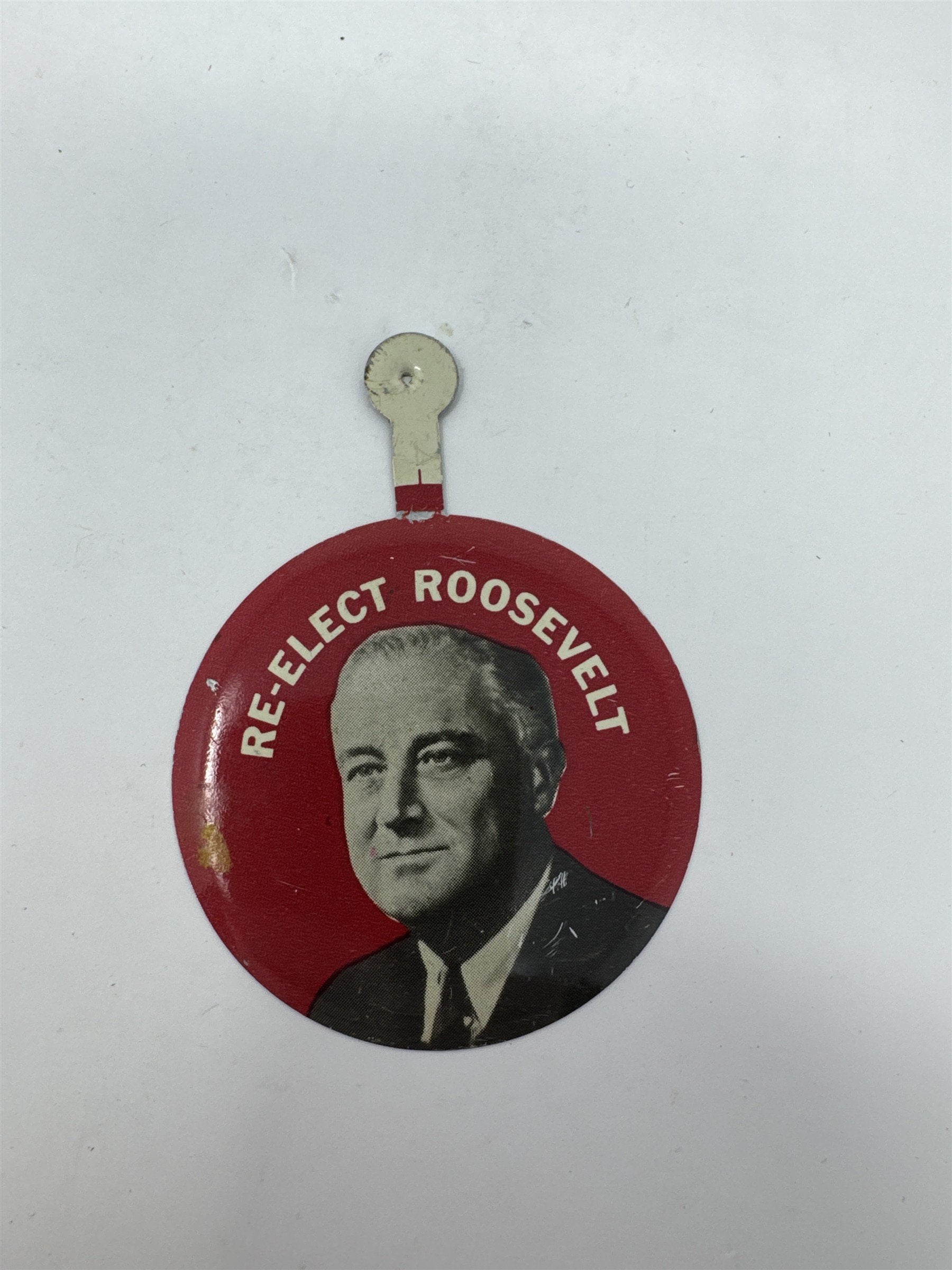 Vintage Re-Elect Roosevelt FDR Political Tab Button Seagram’s 7 Whiskey Ad Pin