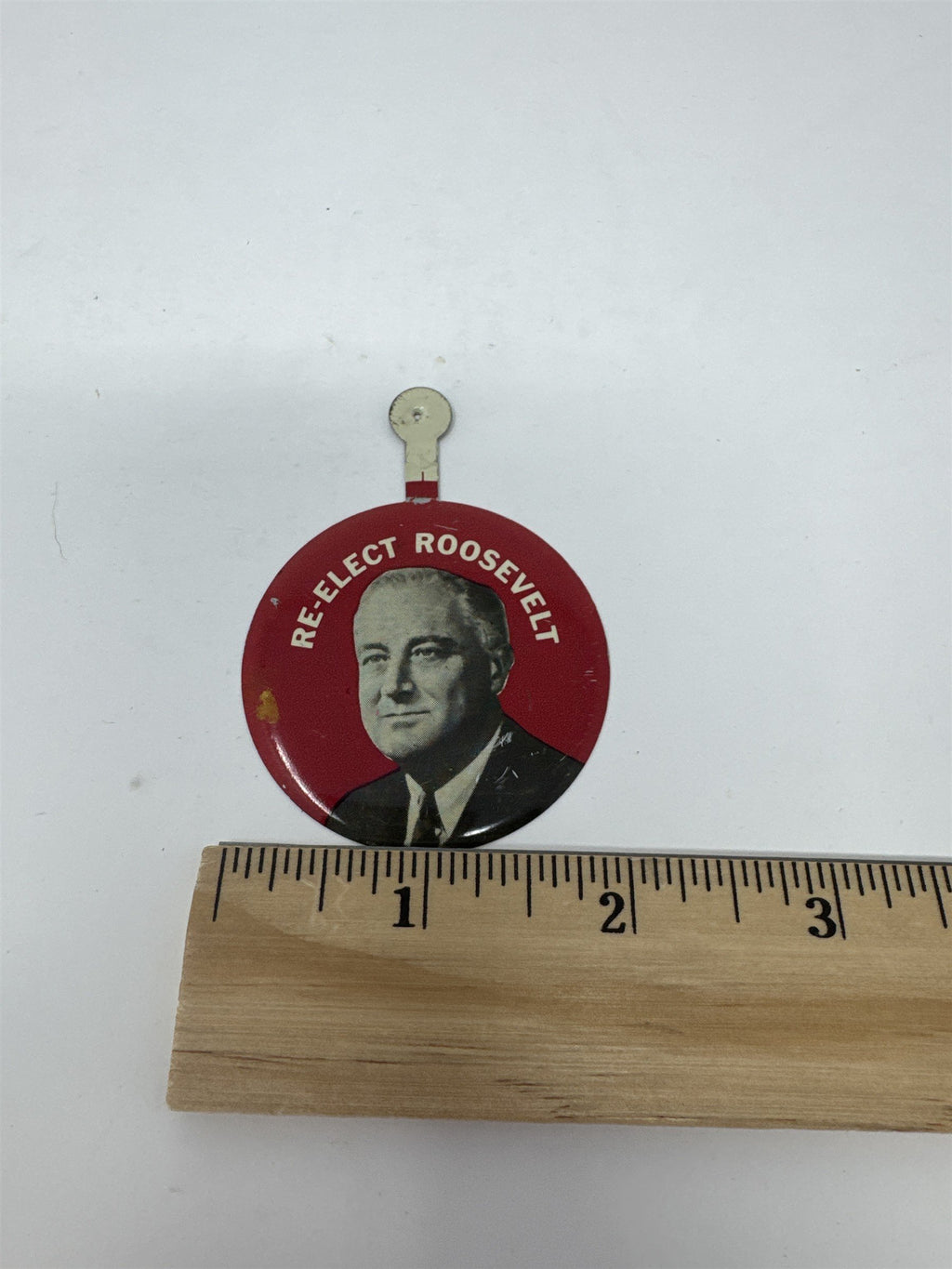 Vintage Re-Elect Roosevelt FDR Political Tab Button Seagram’s 7 Whiskey Ad Pin