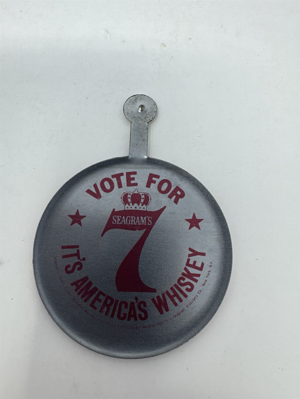 Vintage Re-Elect Roosevelt FDR Political Tab Button Seagram’s 7 Whiskey Ad Pin