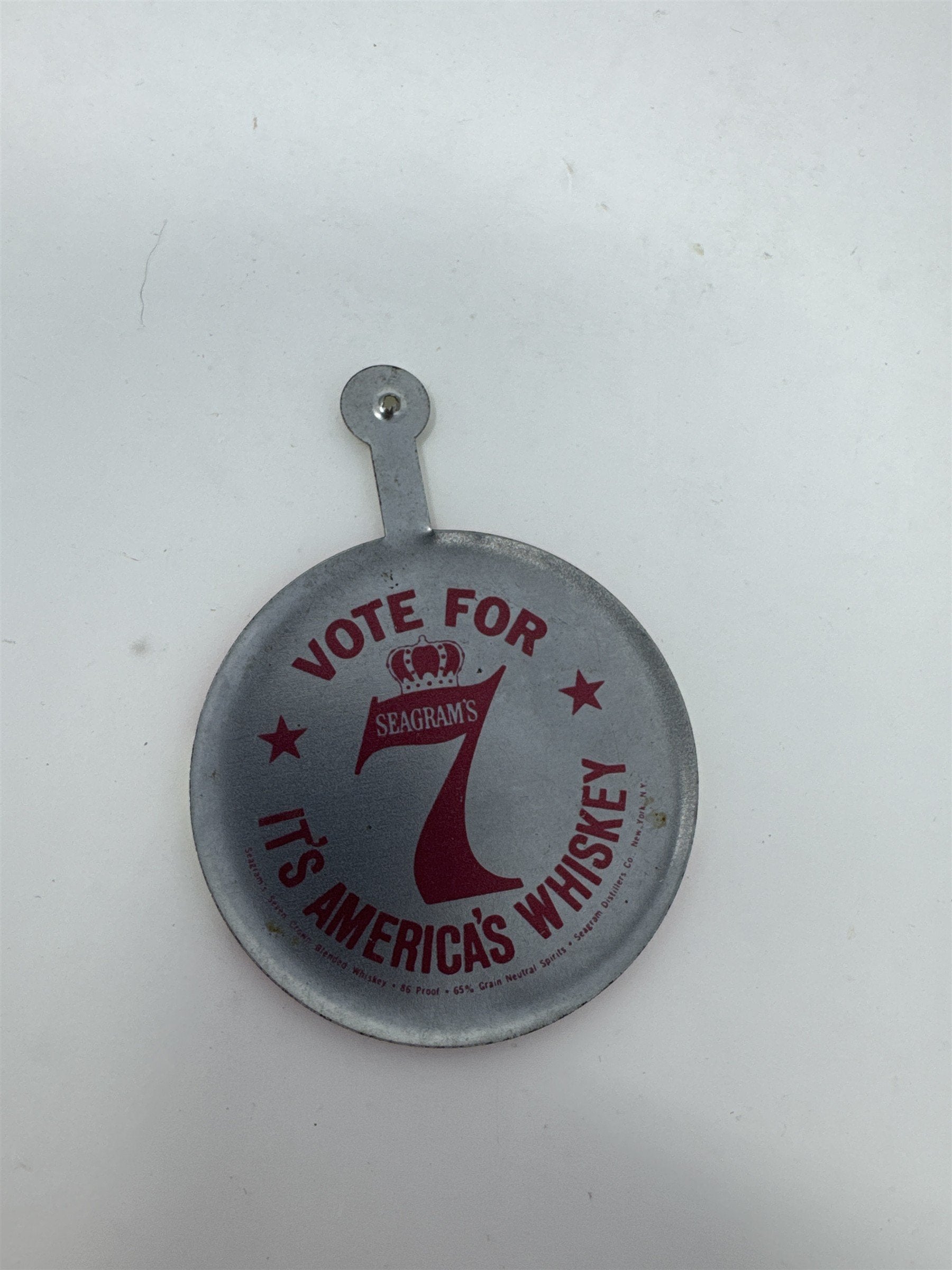 Vintage Keep Cool-idge Political Tab Button Seagram’s 7 Whiskey Ad Pin Coolidge