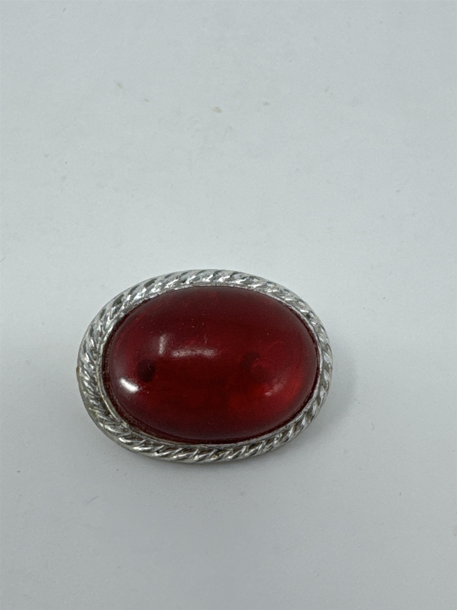 Vintage MCM Red Cabochon Brooch Silver Tone Rope Border Oval Pin