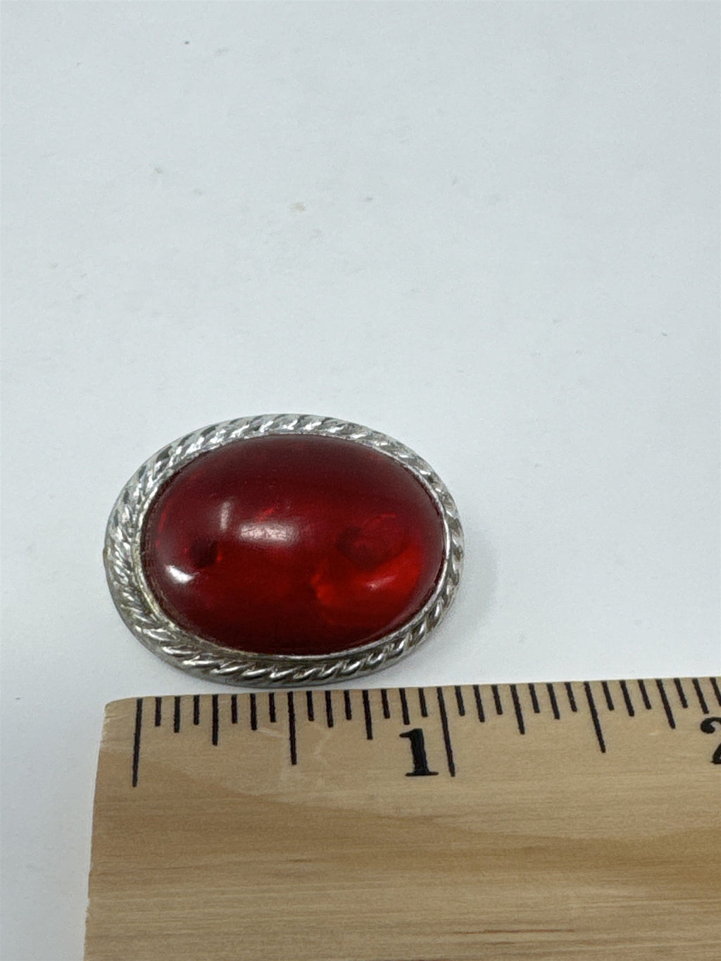Vintage MCM Red Cabochon Brooch Silver Tone Rope Border Oval Pin