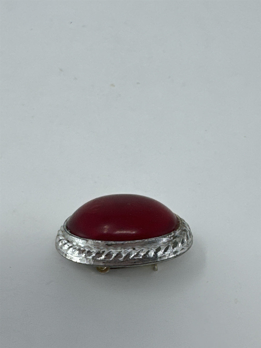 Vintage MCM Red Cabochon Brooch Silver Tone Rope Border Oval Pin