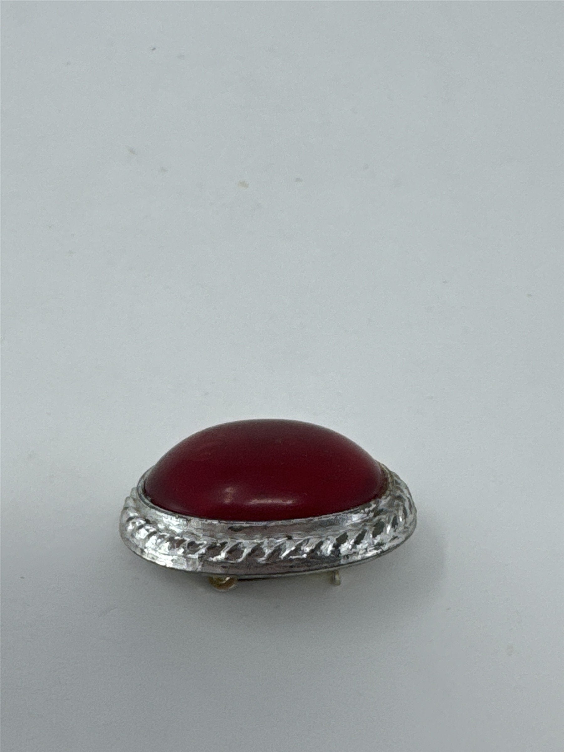 Vintage MCM Red Cabochon Brooch Silver Tone Rope Border Oval Pin