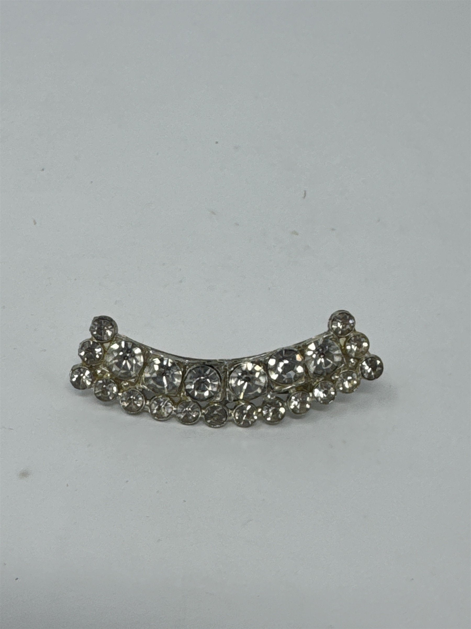Vintage Clear Rhinestone Brooch Silver Tone Curved Crescent Pin MCM Bridal