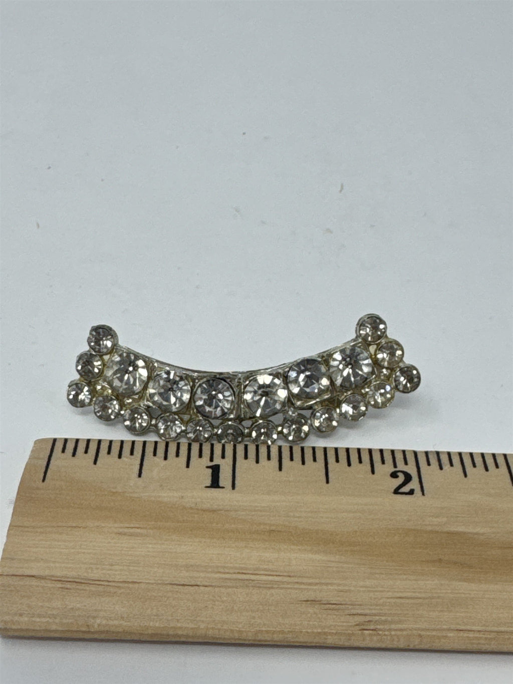 Vintage Clear Rhinestone Brooch Silver Tone Curved Crescent Pin MCM Bridal