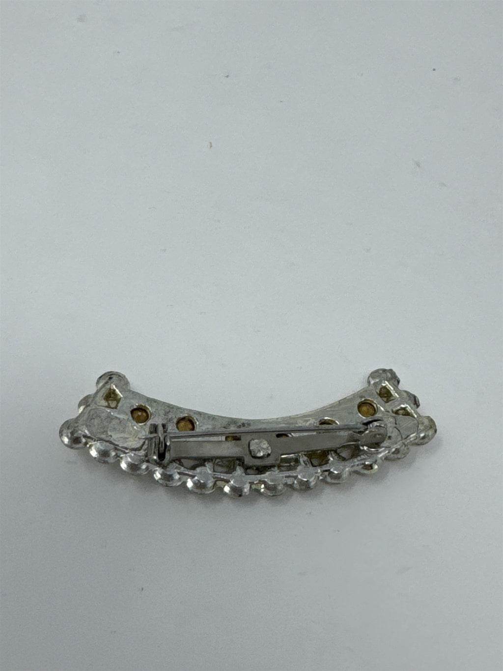 Vintage Clear Rhinestone Brooch Silver Tone Curved Crescent Pin MCM Bridal