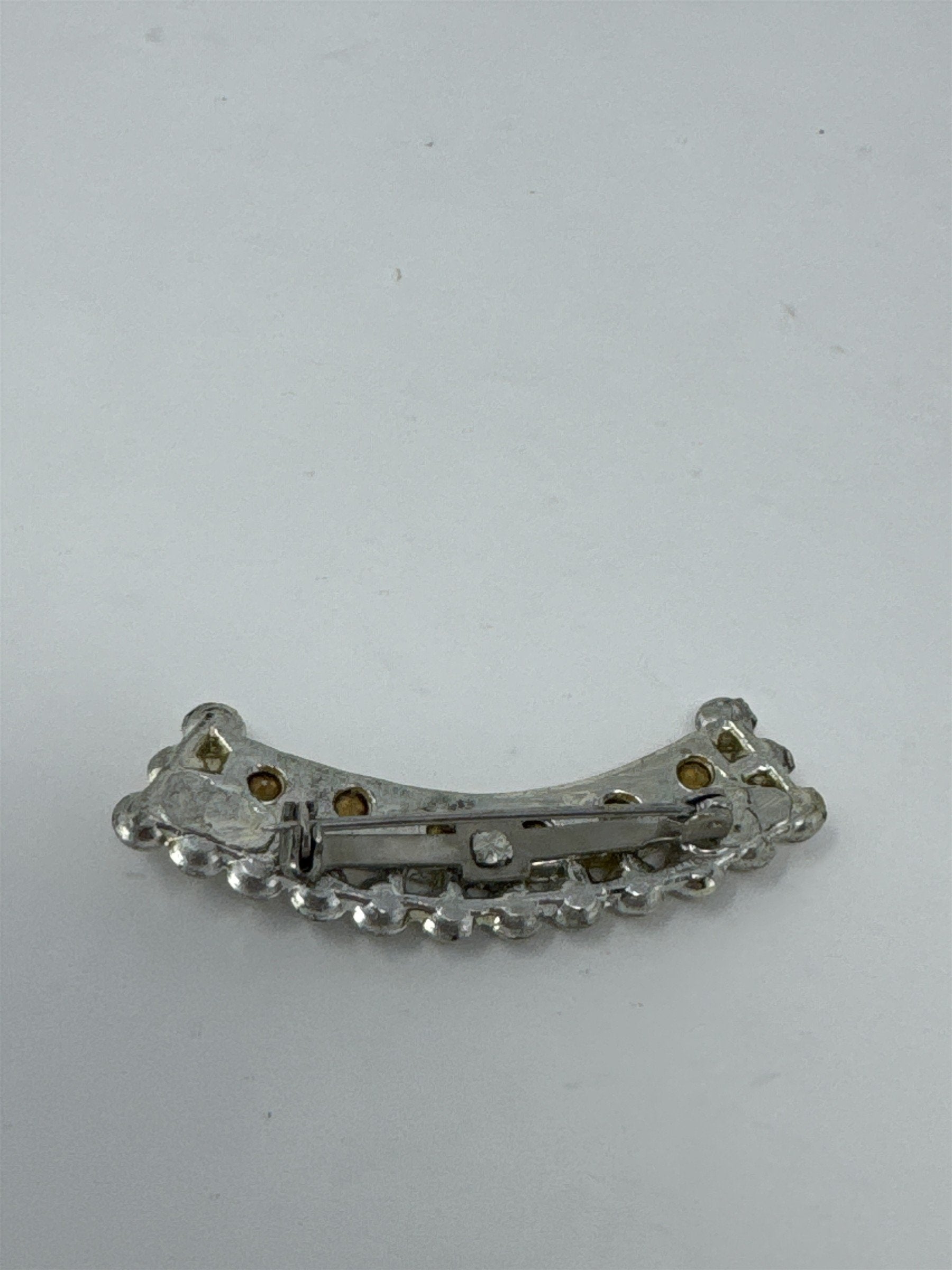 Vintage Clear Rhinestone Brooch Silver Tone Curved Crescent Pin MCM Bridal