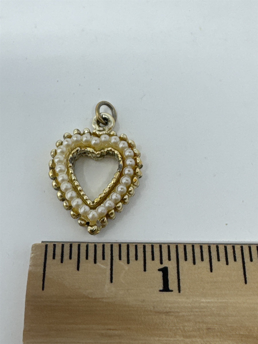 Vintage MCM Gold Tone Faux Pearl Heart Pendant Open Frame Filigree Bead