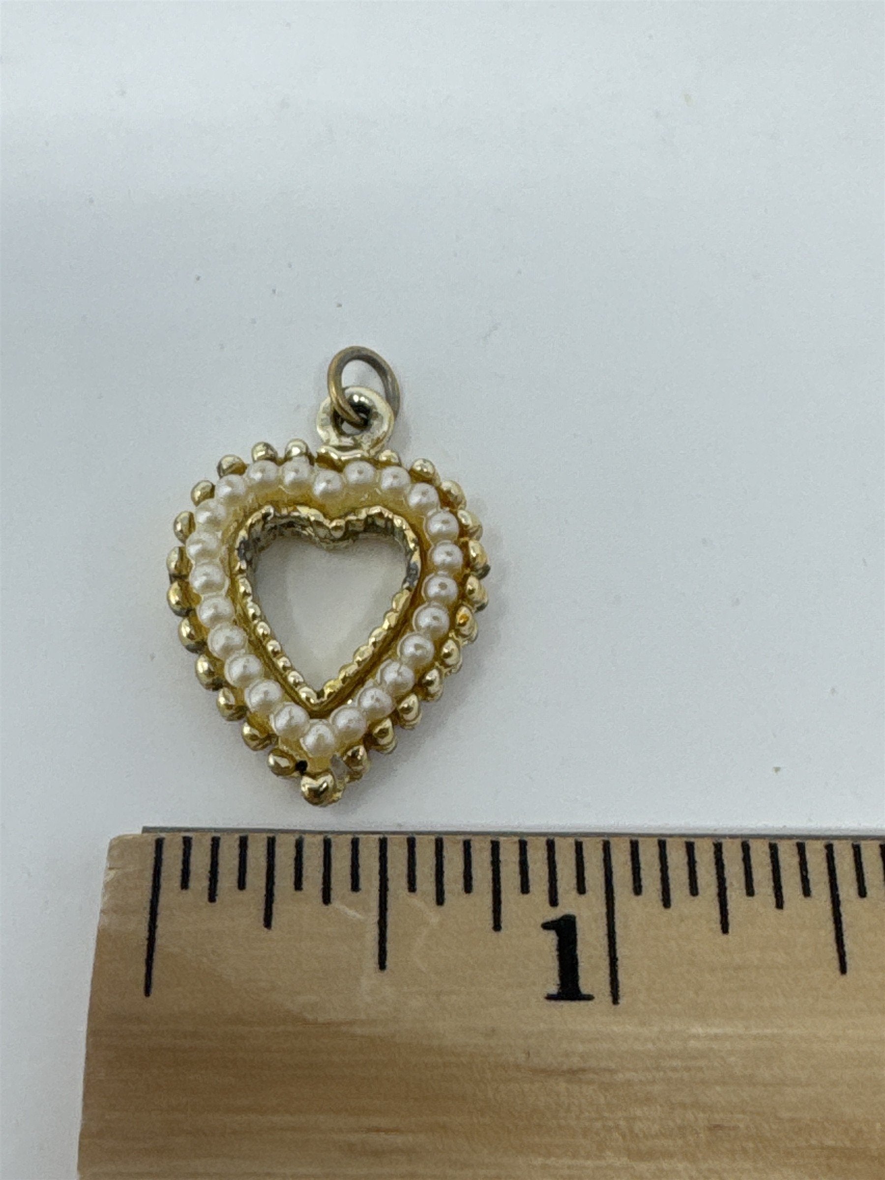 Vintage MCM Gold Tone Faux Pearl Heart Pendant Open Frame Filigree Bead