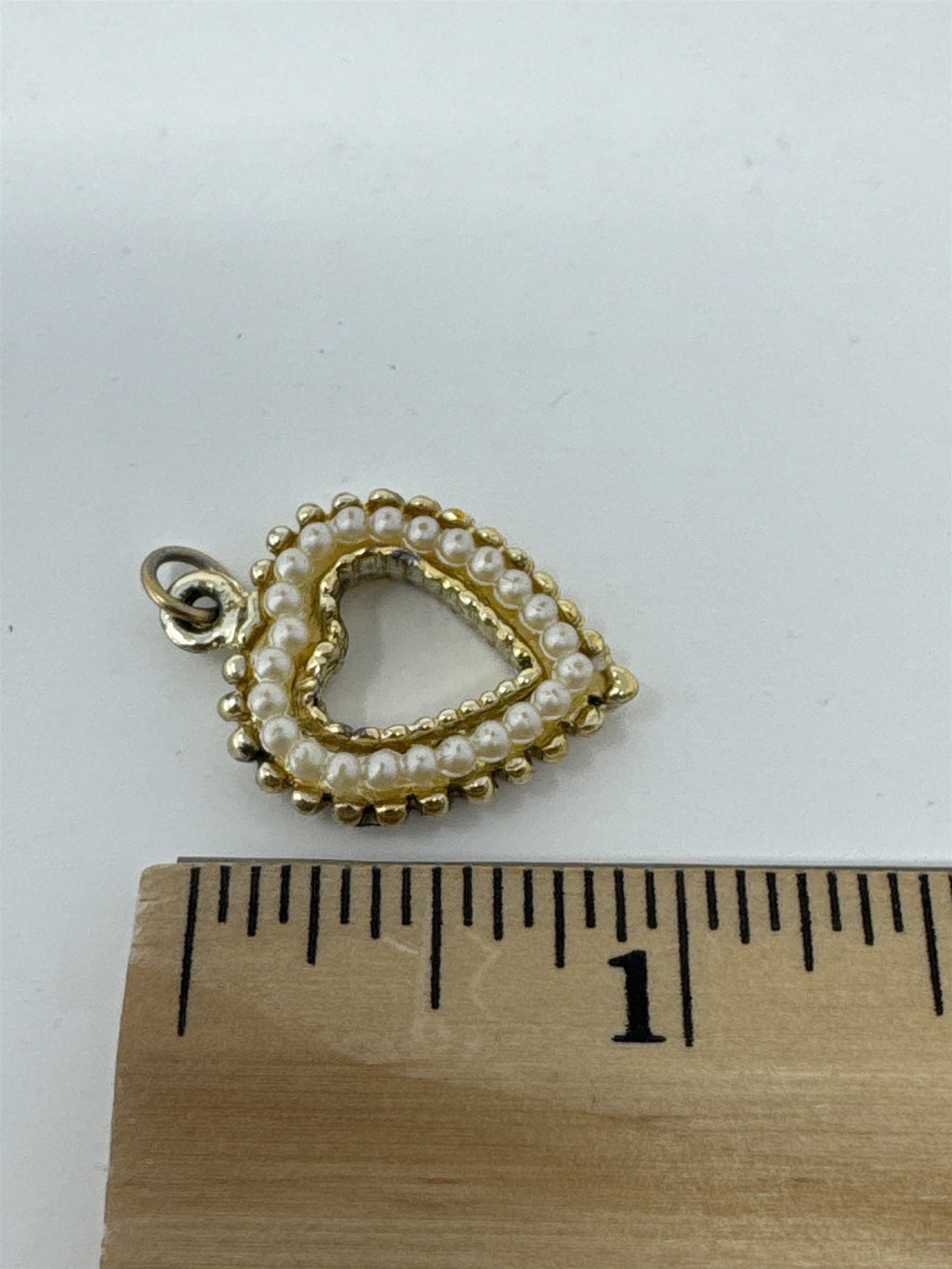 Vintage MCM Gold Tone Faux Pearl Heart Pendant Open Frame Filigree Bead