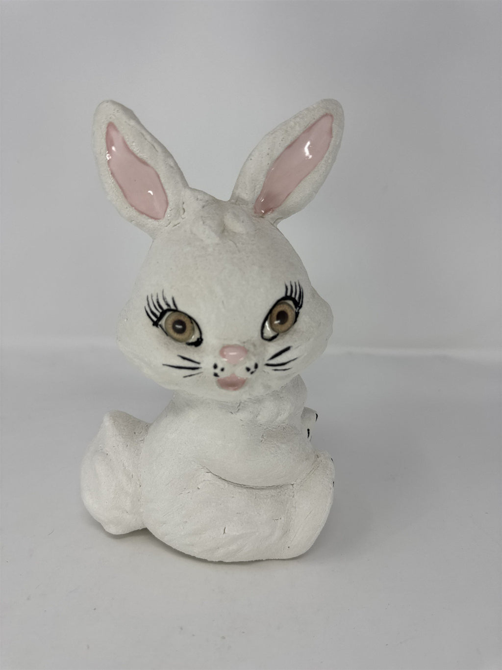 Vintage Anthropomorphic Bunny Figurine Big Eyes Flowers Kitsch Retro White