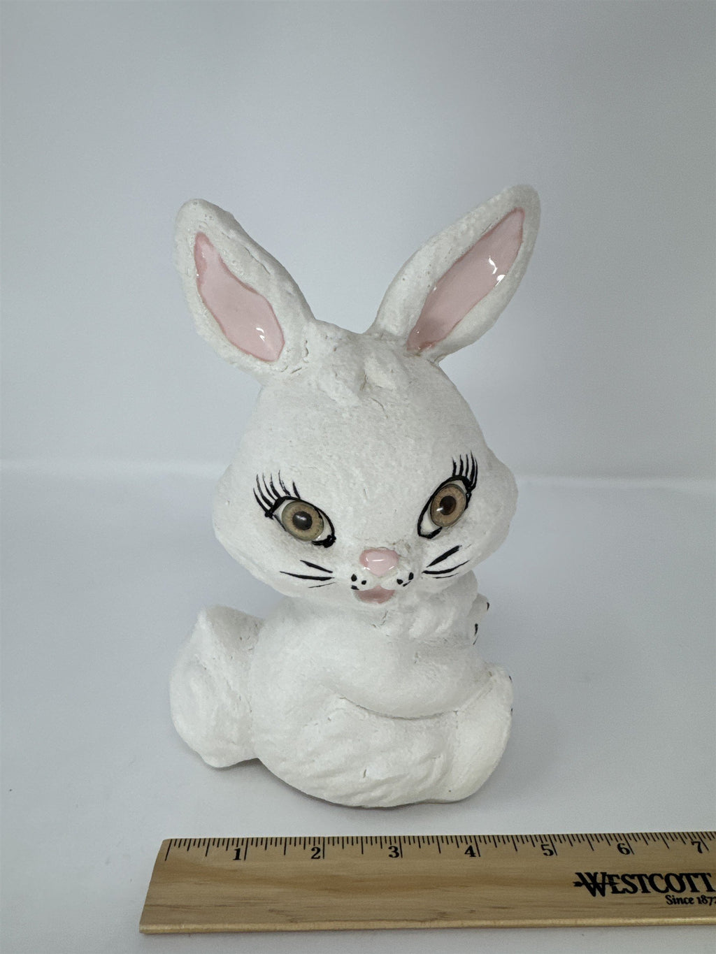 Vintage Anthropomorphic Bunny Figurine Big Eyes Flowers Kitsch Retro White