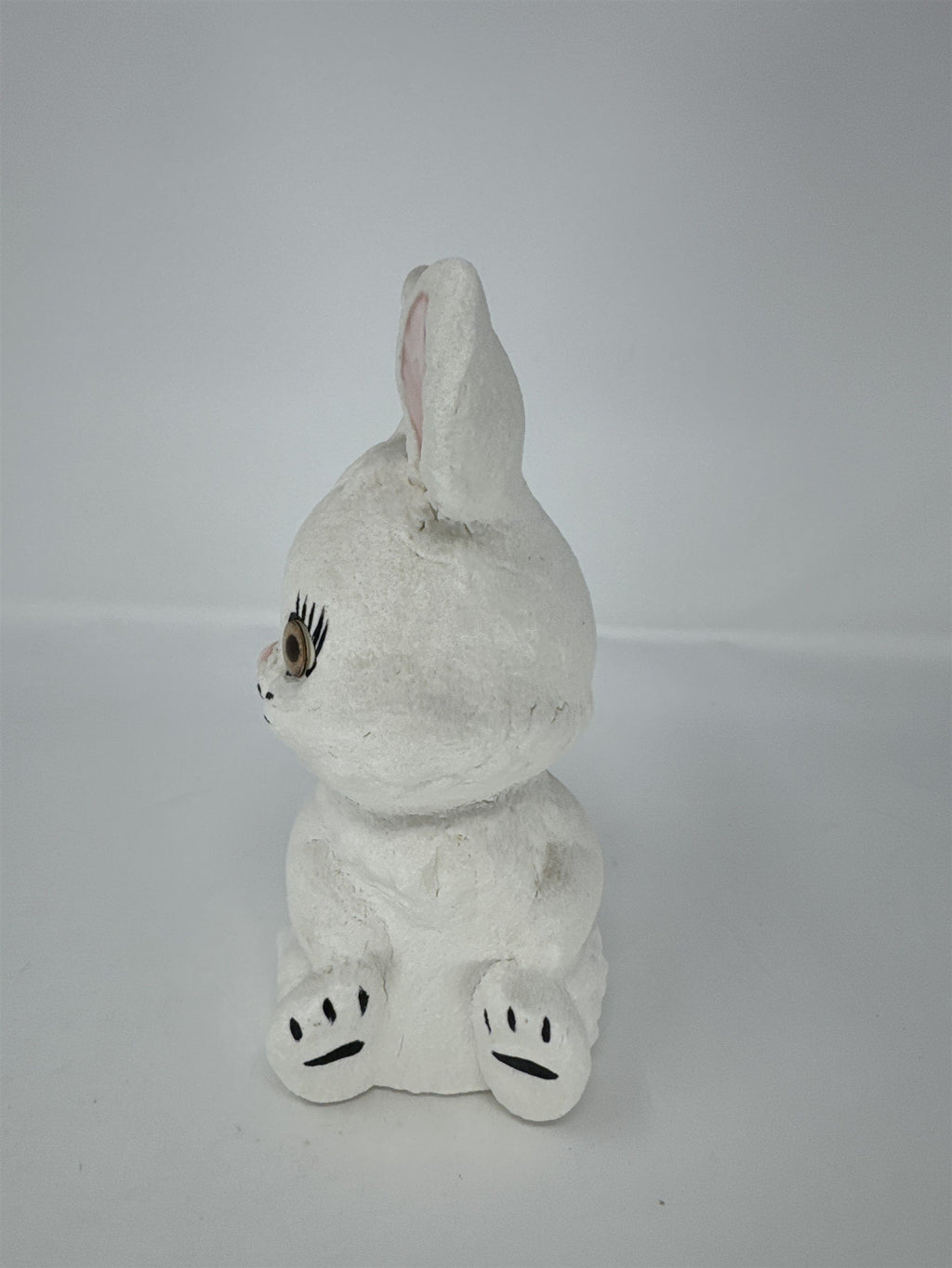 Vintage Anthropomorphic Bunny Figurine Big Eyes Flowers Kitsch Retro White
