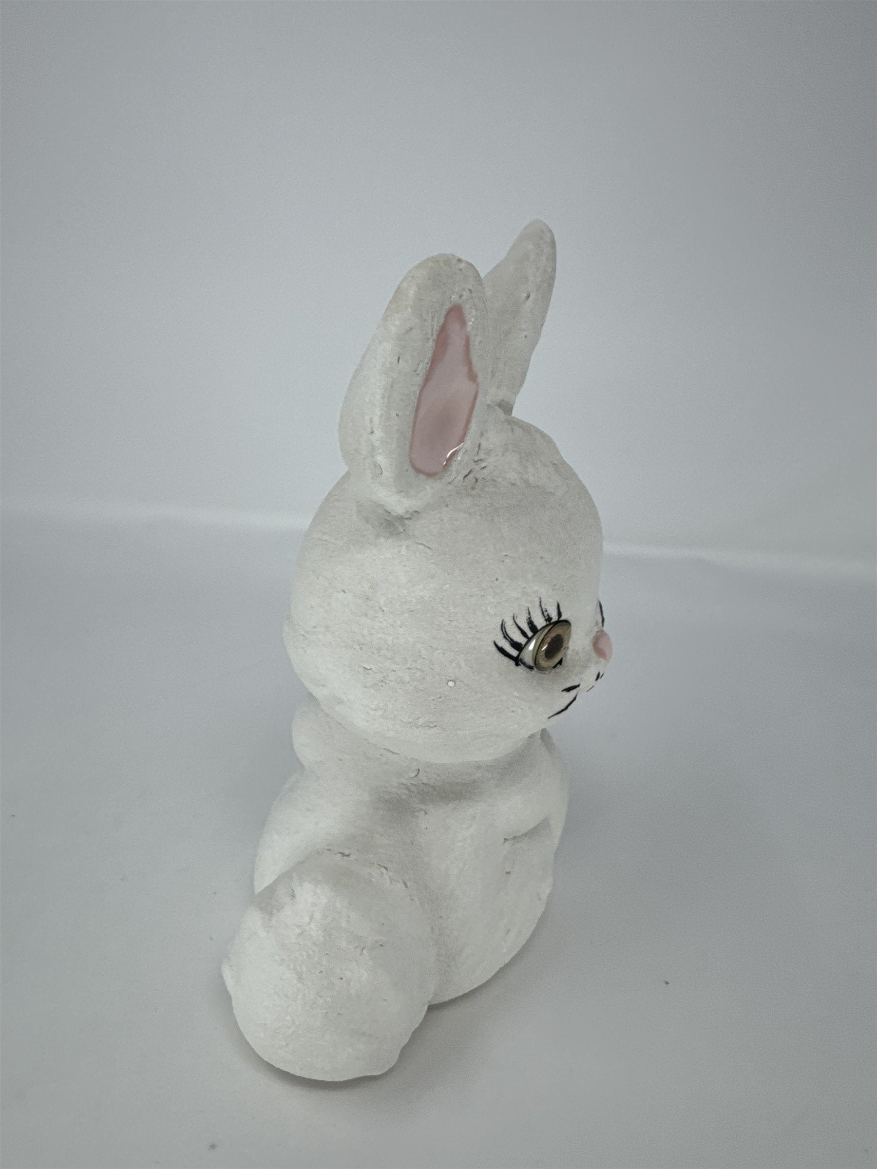 Vintage Anthropomorphic Bunny Figurine Big Eyes Flowers Kitsch Retro White
